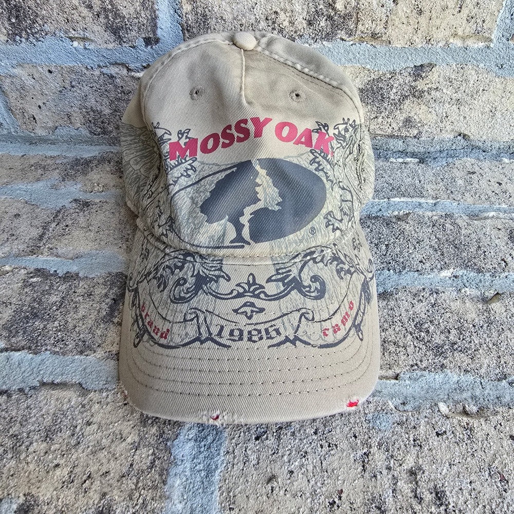 Mossy Oak Brand Camo 1986 Hat Tan Distressed Graphic Q3 Outdoor Cap Mens OSFM